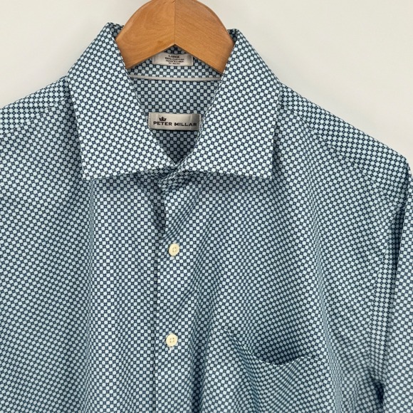 Peter Millar Crown Finish Geometric Dress Shirt Blue White Cotton Mens Large - Picture 3 of 10